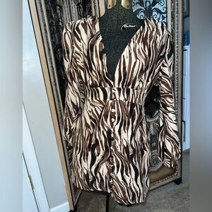 Nasty Gal Brown and Cream Animal Print Long Sleeve Dress